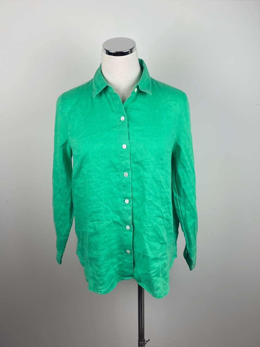J. Jill Solid Green 100% Linen Collared Button Down Shirt Top Petite XS